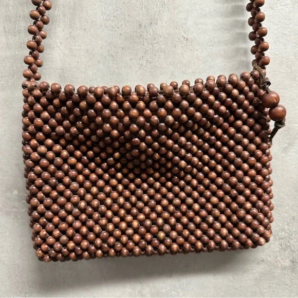 Classiques Entier‎ Wooden Beaded Small Purse Bag Brown Crossbody Boho Zip - Picture 2 of 12